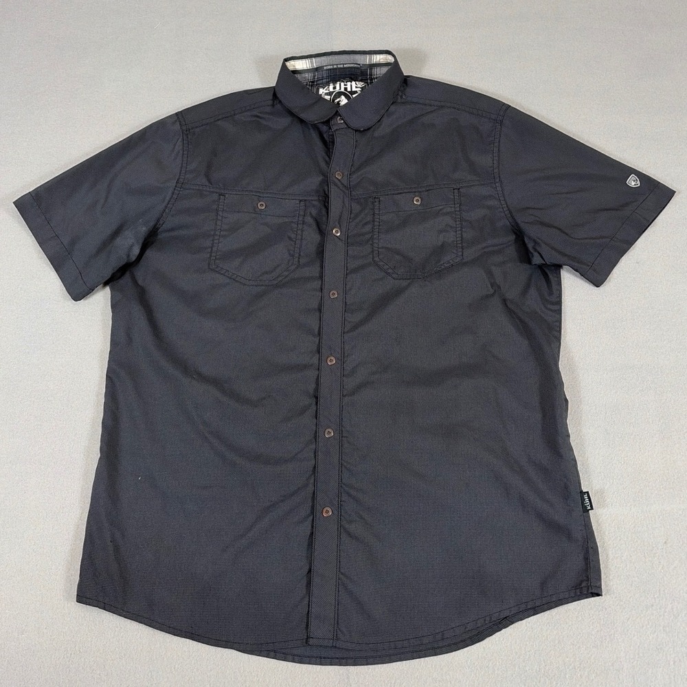 Kuhl Mens Short‎ Sleeve Button Down Shirt Grey Micro Check Hiking Outdoor Medium